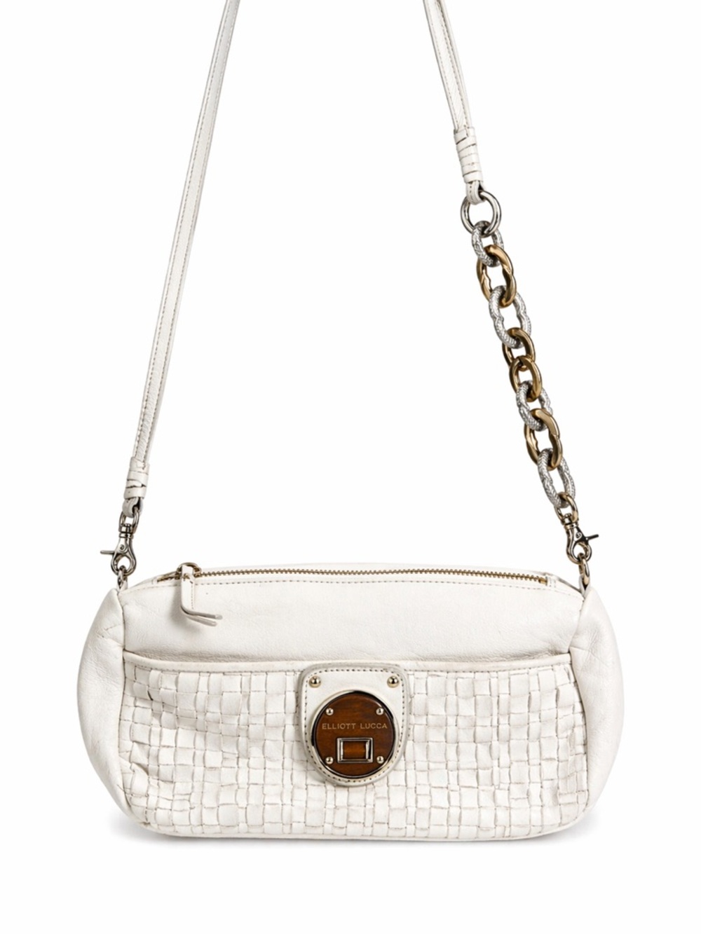 Elliott Lucca Cream Woven Leather crossbody with Logo Plaque